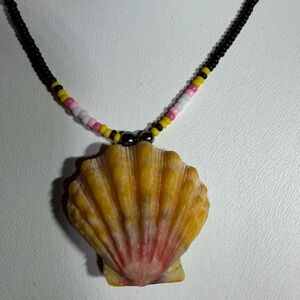 Handcrafted Sunrise Shell and Black, Yellow & Pink Beaded Necklace